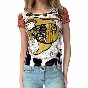 Kissss euro brand multimedia short sleeve top with fish pattern and velvet